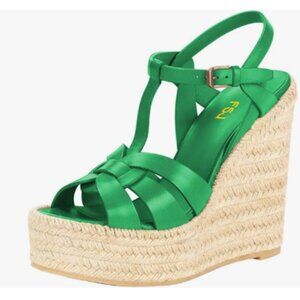 FSJ Green Open Toe Espadrille Platform Ankle Strap Wedge Woven Cutout Sandals